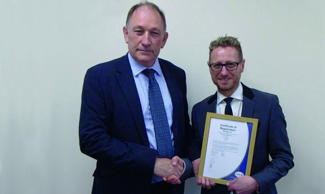 Pictured SSAIB’s Chief Executive Alex Carmichael presenting Mark Peretti MRP Alarms Director with the first SSAIB ISO 9001:2015 certificate in 2017.